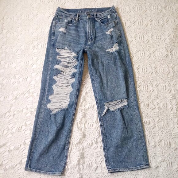 American Eagle 90s Boyfriend Jeans Highest Rise Distressed Medium Wash 8 Women - Picture 1 of 8